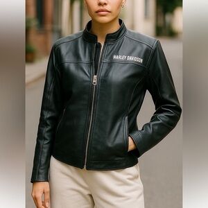HARLEY- DAVIDSON WOMENS BLACK LEATHER #1 BIKER FLAG EMBLEM RARE JACKET SIZE MED